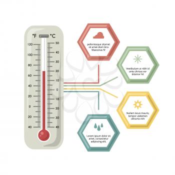 Infographic illustration with medicine thermometer. Different temperature , cold and warm. Vector picture with place for your text