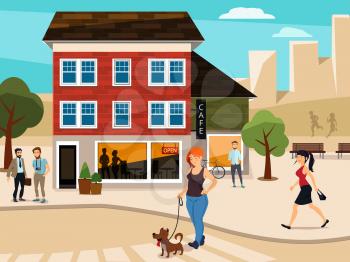 Urban illustration with walking people on the street. Road and buildings. Vector city street with building cafe and people man and woman