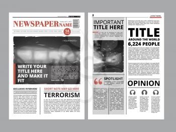 Newspaper front page with several columns and photos. Vector magazine cover. Layout design project newspaper with fresh news daily illustration