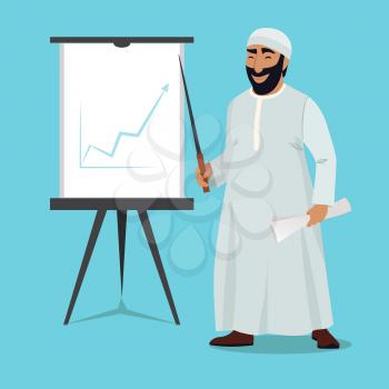 Arab businessman stand and pointing on white board. Arab presentation chart growth on white board vector illustration