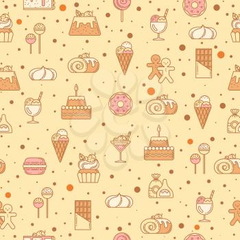 Sweet seamless pattern with cupcakes, candy, lollipop and other bakery foods. Vector illustration. Pattern with assortment sweet nutrition, bake and cake, taste and sweet cupcake