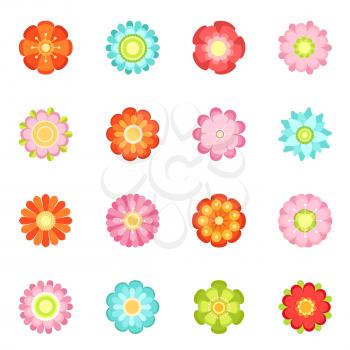 Cute floral vector illustrations in flat style. Flowering icon set of 70s. Colored flower spring isolated on white background