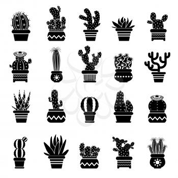 Vector silhouette of desert plants. Monochrome illustrations of decorative cactus in pots. Western icons. Black cactus natural, tropical cacti in pot