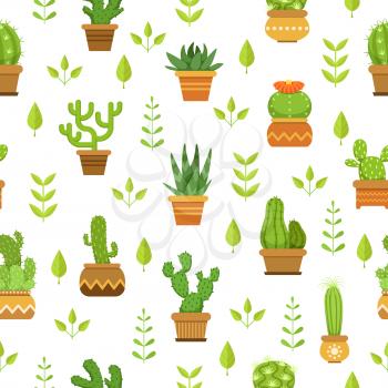 Desert plants with flowers. Cactus in pots. Vector seamless pattern with green cactus, illustration of background with tropical cacti