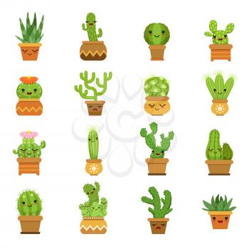 Cute desert plants. Cactus in pots, vector cartoon mascot with different emotions. Set of green cactus plant with flower illustration