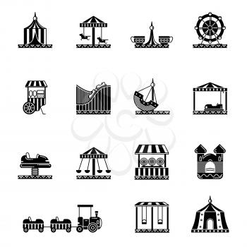Black icon set of amusement park, carousel and other attractions. Vector illustrations. Carousel and amusement park silhouette