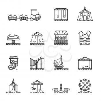 Amusement, circus and carousel linear vector icon set. Attraction and carousel, illustration of funfair performance