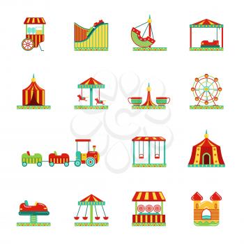 Icon set of attractions in amusement park. Circus, carousel and other vector illustrations in flat style. Color attraction icons collection