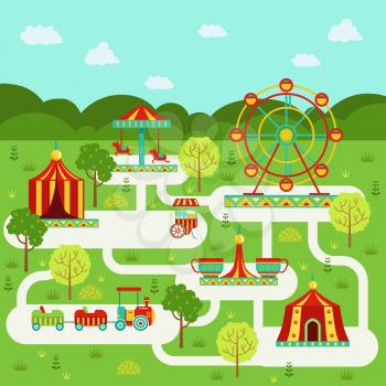 Vector map of amusement park with attractions. Family on vacation. Amusement park and recreation place with ferris wheel illustration