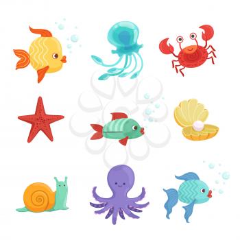 Marine set with underwater plants and sea fishes in cartoon style. Vector illustrations set of cartoon animal and creature