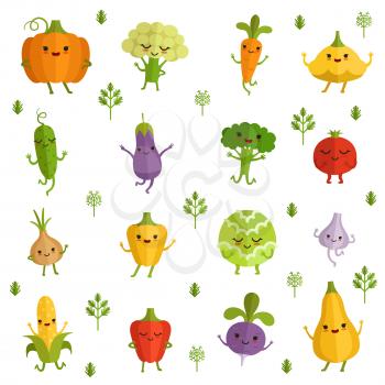 Vegetables characters with funny emotions. Vector illustration in comic style. Collection of vegetable funny cartoon characters