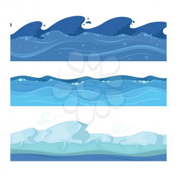 Ocean or sea water waves. Vector set of horisontal seamless patterns for ui games. Wave water ocean or sea illustration