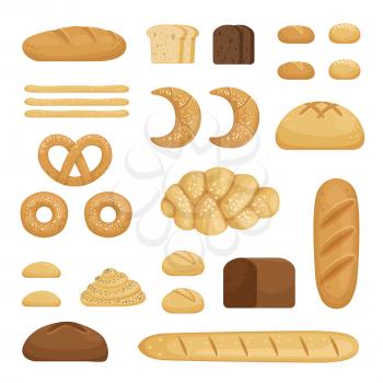 Different sorts of bread. Vector pictures of bakery food. Fresh different snack bread lunch illustration