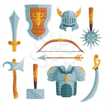 Fantasy weapons in cartoon style. Vector illustrations set. Sword weapon and medieval ancient axe