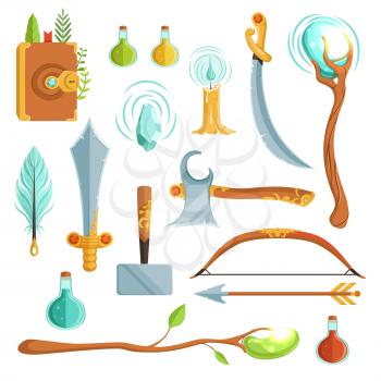 Vector set of fantasy magic weapons. Illustrations for computer game. Magic book and candle, potion and feather