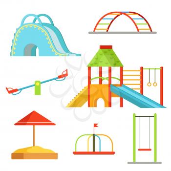 Different equipment on playground for children games. Vector background playground equipment for play and game illustration
