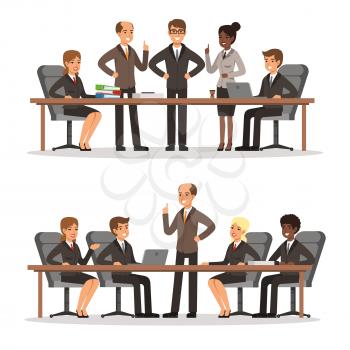 Business character at the table in conference hall. Man and woman in rich costume. Vector illustrations set of business conference and briefing with workgroup