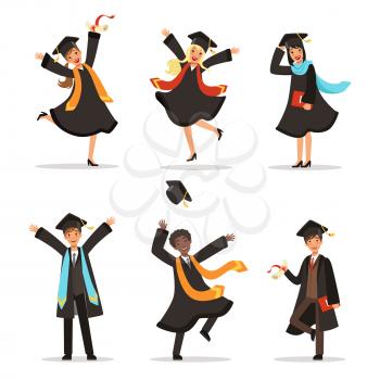 Graduation of happy students at different nations. Vector illustration of university lifestyle. Student university, graduation and education, young character successful students