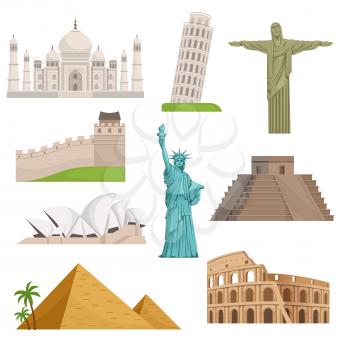 Different historical famous landmarks. World places. Vector illustrations. Set of monuments and famous landmark architecture