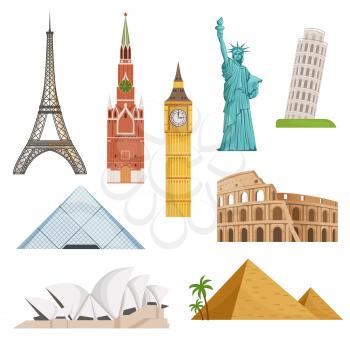 Different world famous symbols set isolate on white. Historical buildings, landmarks. Travel building landmark famous, monument architecture. Vector illustration
