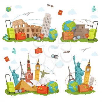 Travel icons and different landmarks. Famous world places isolate on white. Vector illustrations set travel and tourism badge. Vacation world and famous monuments