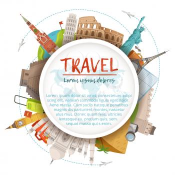 Different world landmarks in circle shape. Design template with place for your text. World landmark architecture kremlin and coliseum illustration