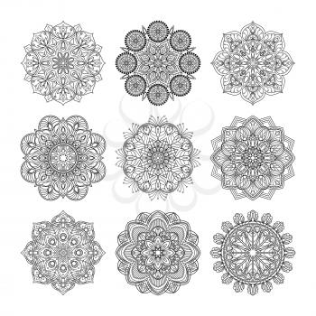 Vector illustration of indian mandalas. Old asian and arabic round texture isolate on white background. Mandala collection black and white