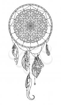 Hand drawn dreamcatcher with feather of birds. Vector illustration. Dreamcatcher with feather design, indian decoration hanging dreamcatcher
