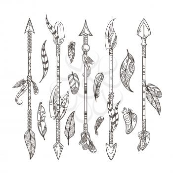Decorative arrows and feathers set in boho style. Native indian vector ornament. Arrow decorative boho, illustration of ethnic tribal indian ornament