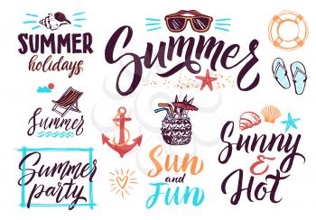 Summer typography lettering decoration for vintage posters or postcards. Vector background pictures set. Calligraphy text summer, illustration of typography writing summer holiday