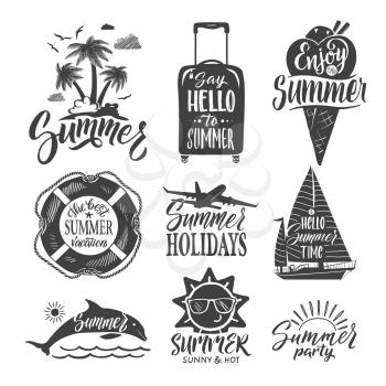 Text logo for summer party. Hand drown letters and design elements. Vector ilustrations set. Summer time vacation, travel logo summer party