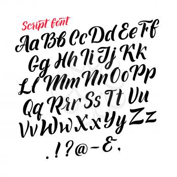 Handwritten latin alphabet. Cursive black letters. Vector fonts isolate on white background. Alphabet handwritten type, illustration of typography calligraphy abc