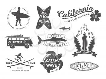 Surf boards emblem and badges vector set. Signs and elements for summer labels design. Ocean surfing label, illustration of summer surfing badge