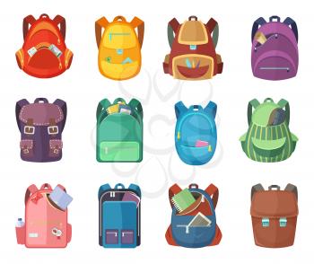 Different schoolbags in cartoon style isolate on white background. Vector colored backpack for student school education illustrations