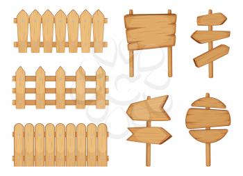 Fences of garden and signs with wood texture. Vector illustration set isolate on white. Wooden fence and wood arrow badge