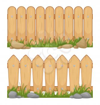 Seamless horizontal backgrounds with wooden fences. Vector cartoon illustrations. Wooden barrier for farm protection