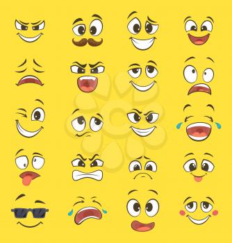 Cartoon emotions with funny faces with big eyes and laughter. Vector emoticons on yellow background. Smile funny face emotion illustration