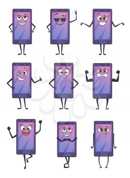 Funny cartoon character. Smiling smartphone with different emotions. Cartoon phone face characters. Vector illustration