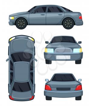 Vector illustration of automobile. Top side, front and back views. Car automobile isolated on white background