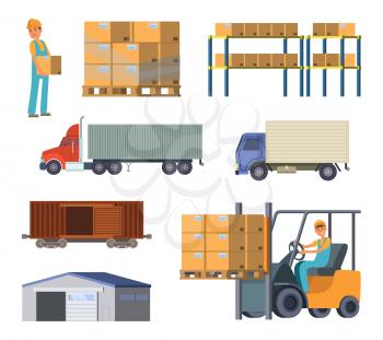 Warehouse and logistics processes. Worker with packages. Different specific cars. Vector delivery and logistic, illustration of warehouse and storage container