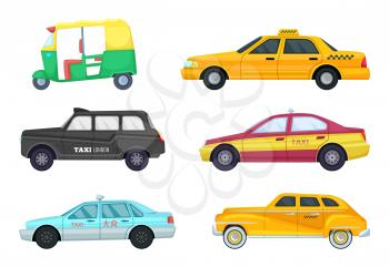 Taxi cars in different cities. Transport for fast traveling. Vector illustrations set of retro and modern taxi cars