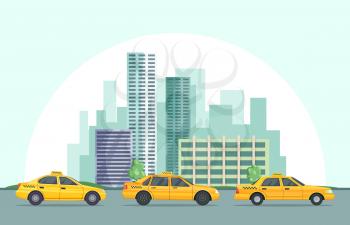Vector background illustration of modern urban landscape with different buildings and taxi cars. Urban taxi cab and building downtown