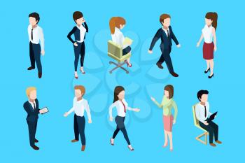 Different business peoples standing and sitting in office interior. 3d vector isometric people woman and businessman illustration