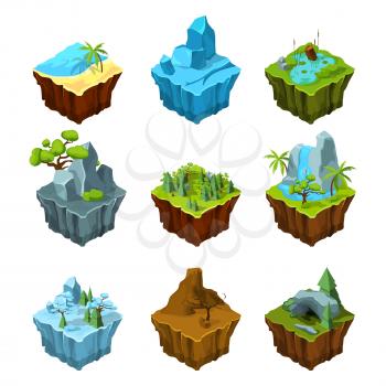 Rock fantasy islands for computer games. Isometric illustrations in cartoon style. 3d panel for game interface rock and sea
