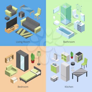 Set of different furniture elements for rooms in modern home. Vector isometric illustrations of kitchen, bedroom, living room, and bathroom. Living room interior isometric in home