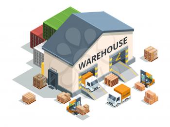 Warehouse building, trucks and load machines. Different pallets and boxes. Logistics vector illustrations, machine and storage warehouse