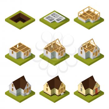 Visualization of modern building on different construction stages. Isometric construction urban building house vector illustration