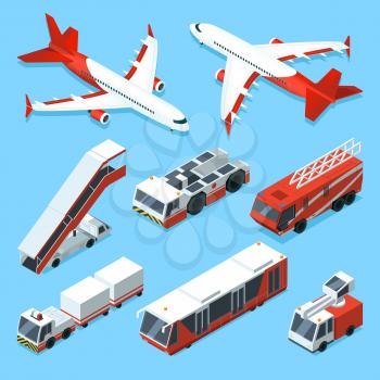 Airplanes set and other support machines in airport. Vector isometric illustrations of transport machine, aviation airplane, bus and car ladder
