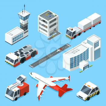 Airline terminal, aero tower, airplane and different support machines of airport. Airplane and machine for support, tower control airport illustration