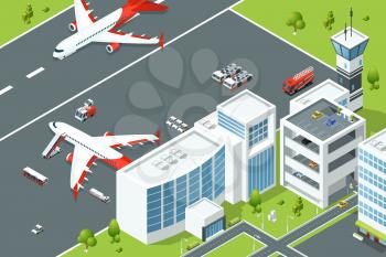 Airport, controls buildings of aircraft. Plane ramp and different support machines on runway. Isometric vector illustrations building airport and plane